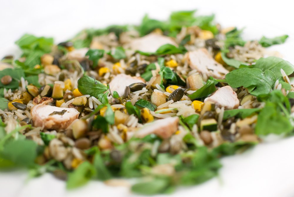 Healthy Sweetcorn, Rice and Chicken Salad Here is a very grown-up way to use sweetcorn. The salad starts life as a herb and sweetcorn pilaf. So if you like sweetcorn make the pilaf and use it as part of a hot meal - or use it in this salad.