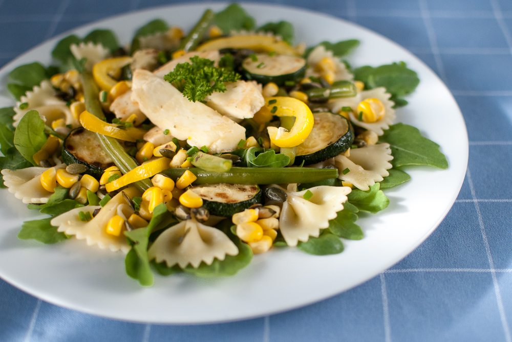 Beans, courgettes and sweetcorn all in season - here's a great pasta salad that combines all three with grilled halloumi.