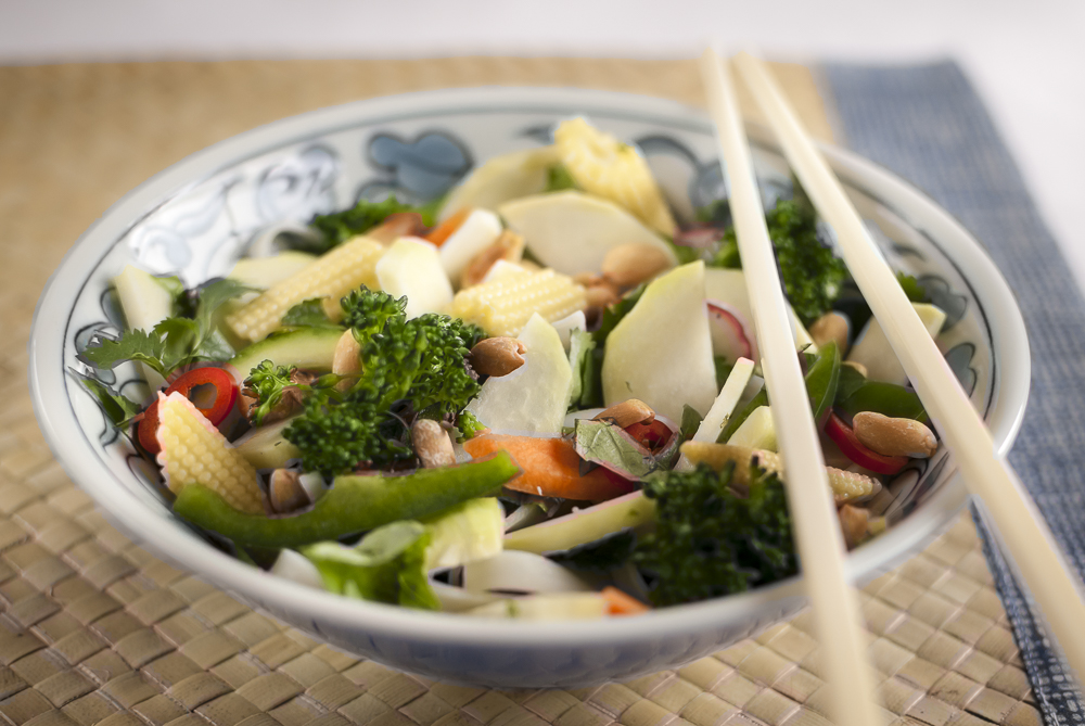 Kohlrabi has a faint taste of coconut. It's crisp and crunchy, so I thought it would be perfect in an Asian salad.