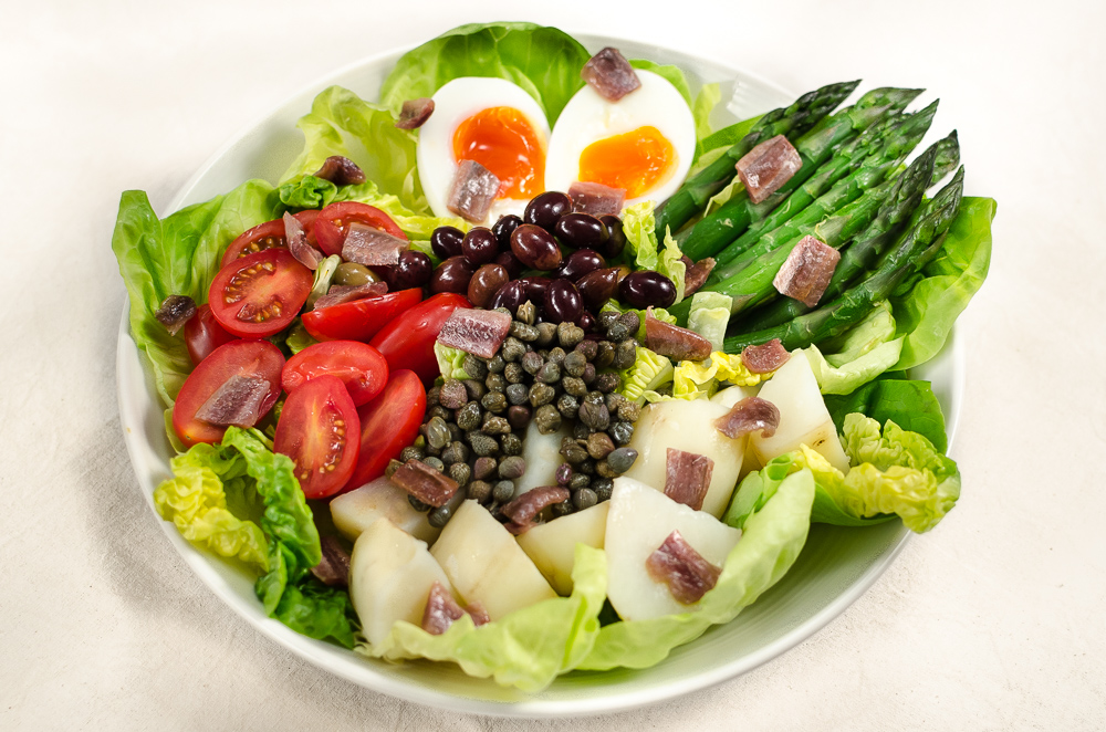 The exact constituent parts of an authentic Niçoise salad is a matter of contentious debate. There must be as many points of view as there are cooks. So I am throwing my hat into the ring and offer up Niçoise with asparagus!!