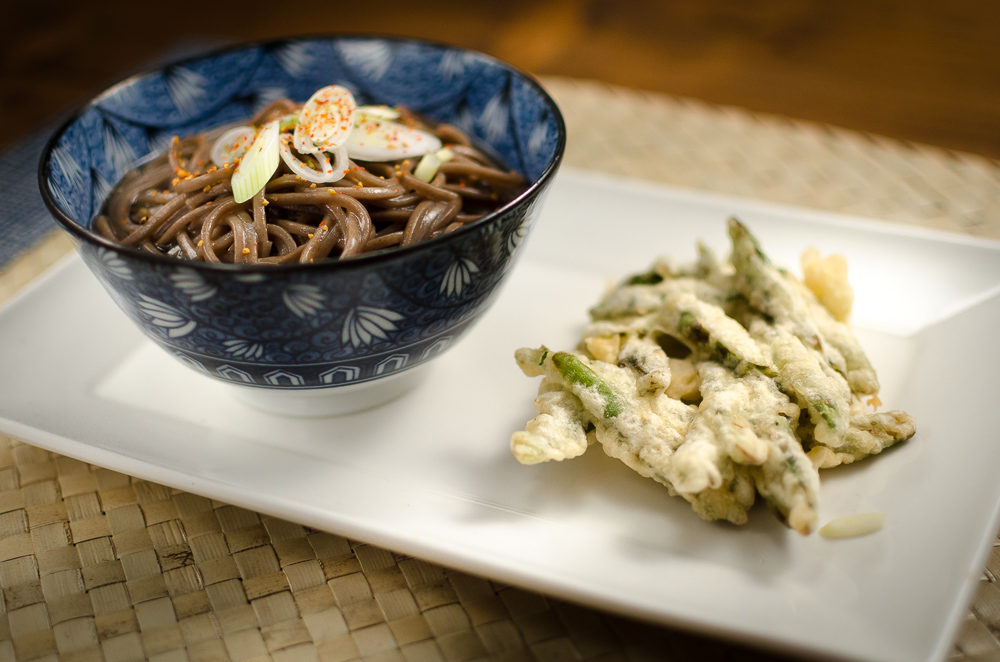 This is a classic Japanese way with soba and tempura. Strickly speaking the asparagus tempura is kaki-age, made like a tempura fritter rather than individual spears coated in tempura. But such academic details seem trivial when it comes to tempura - any tempura is amazing - especially asparagus!