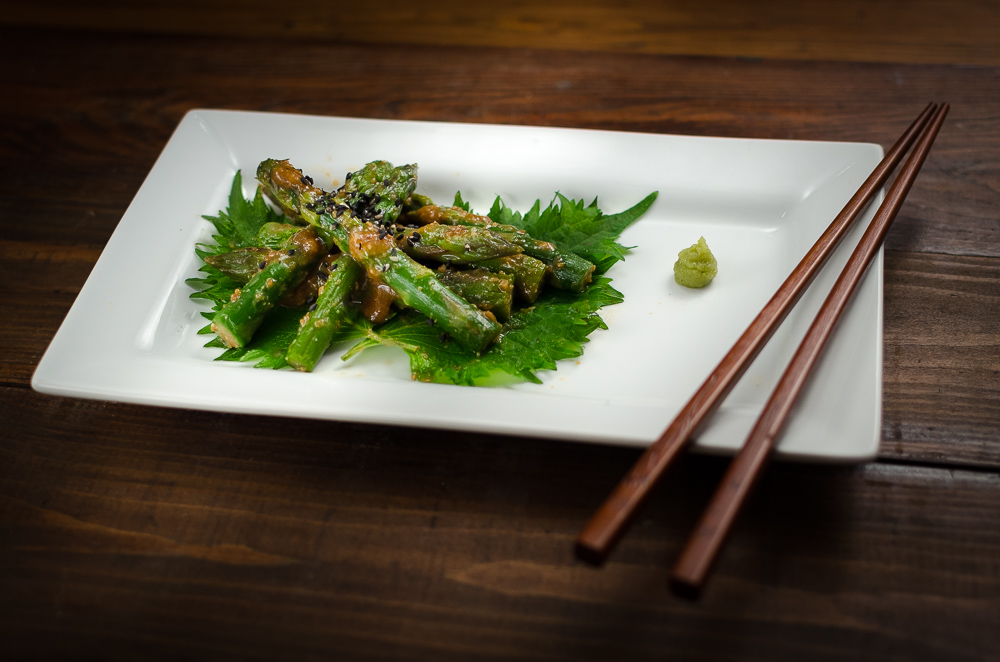 Like sesame sauce, miso ends up in sauces and dressing for many classic Japanese salads. Here I've combined miso with asparagus to make a rather exotic salad - wasabi on the side adds piquancy and a touch of jeopardy to the dish.