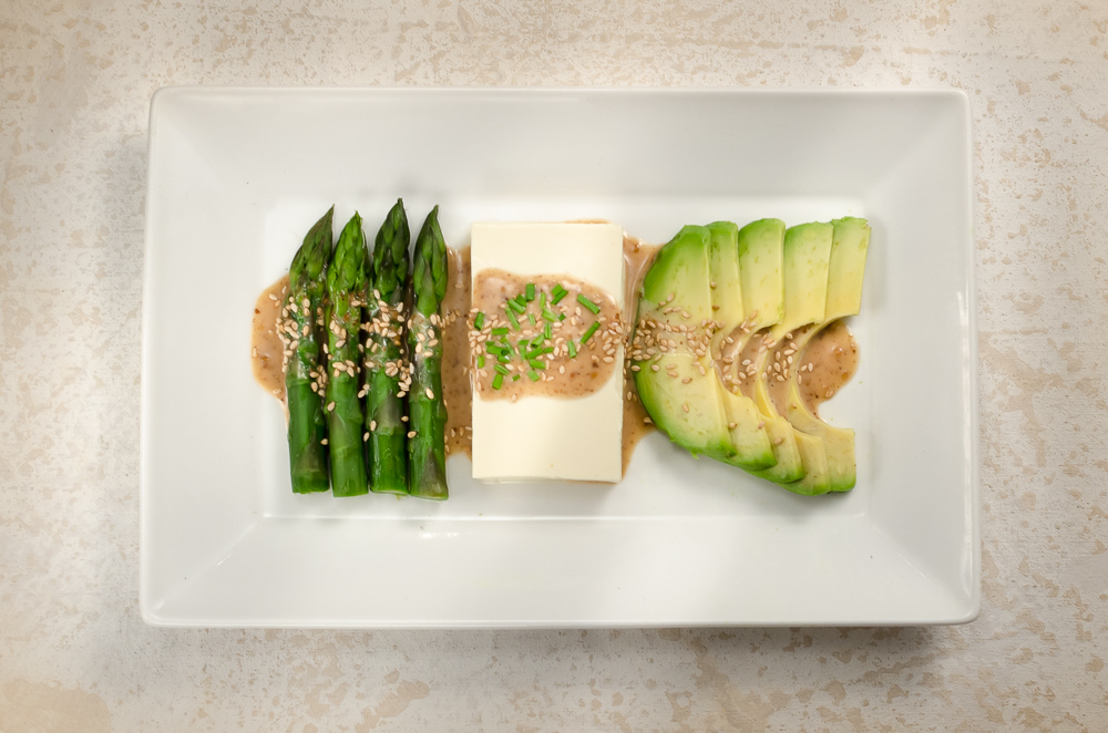 Asparagus and nuts have an affinity - I've used hazelnuts and seen recipes with pistachios, so sesame should - and does - marry well. Avocado and tofu work well together, and asparagus eats well with avocado. This recipe brings all these flavour combination together in a Japanese style dish.