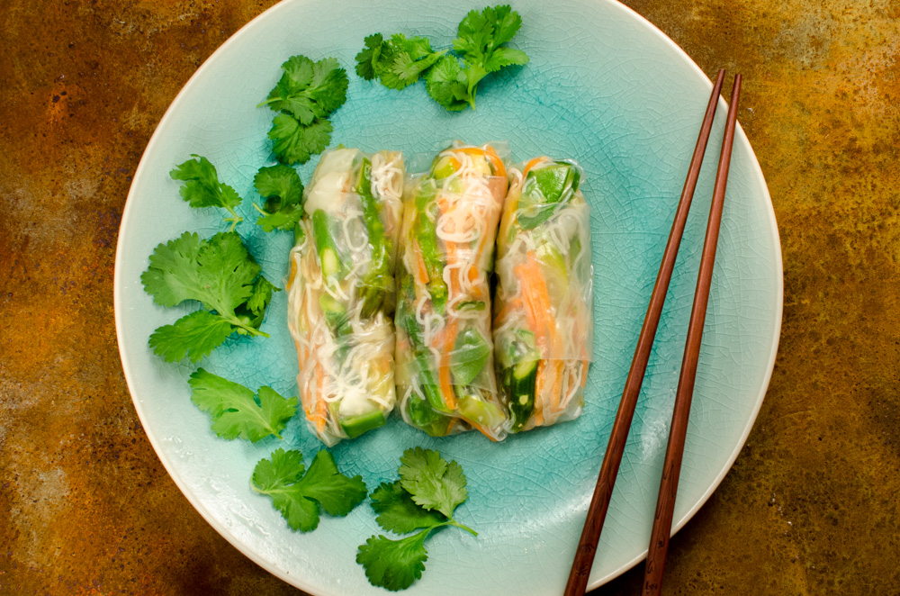 Asian asparagus salad in a rice paper wrap - not your usual way with asparagus - but well worth the effort.