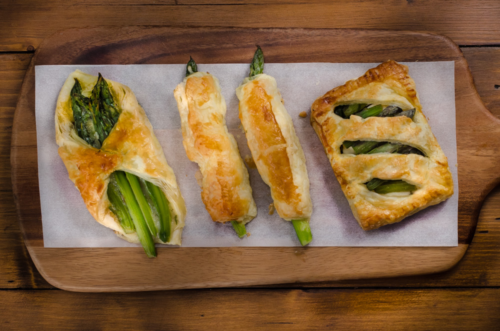 Three asparagus and pastry recipes. Choose from goats cheese and spinach, Taleggio and mushroom, or Gruyère. All are quite simple and  ideal for a light lunch or supper - or make in advance for a party or a picnic.