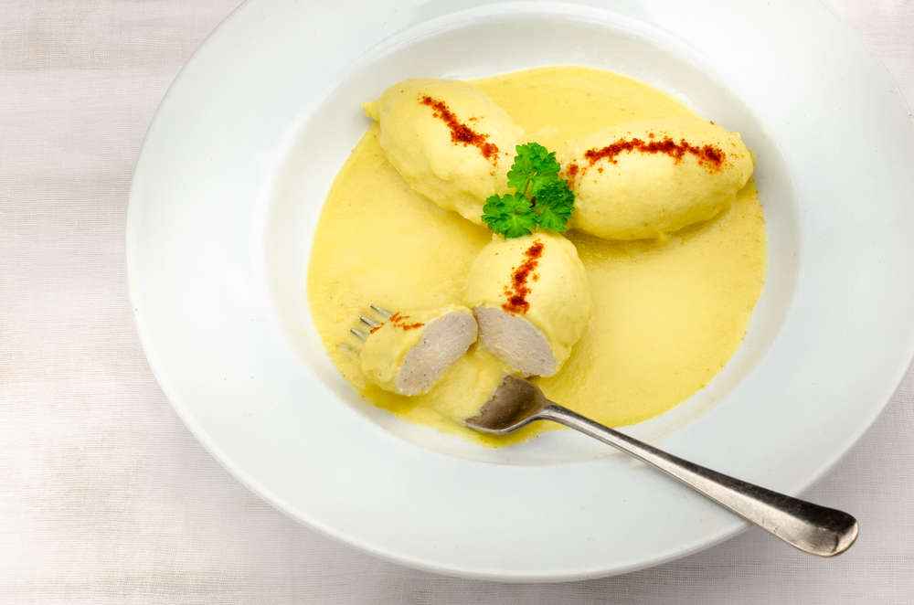 Tuna and Sweetcorn - but not as you know it! The tuna is blended and formed into a quenelle and covered in a sweetcorn sauce.