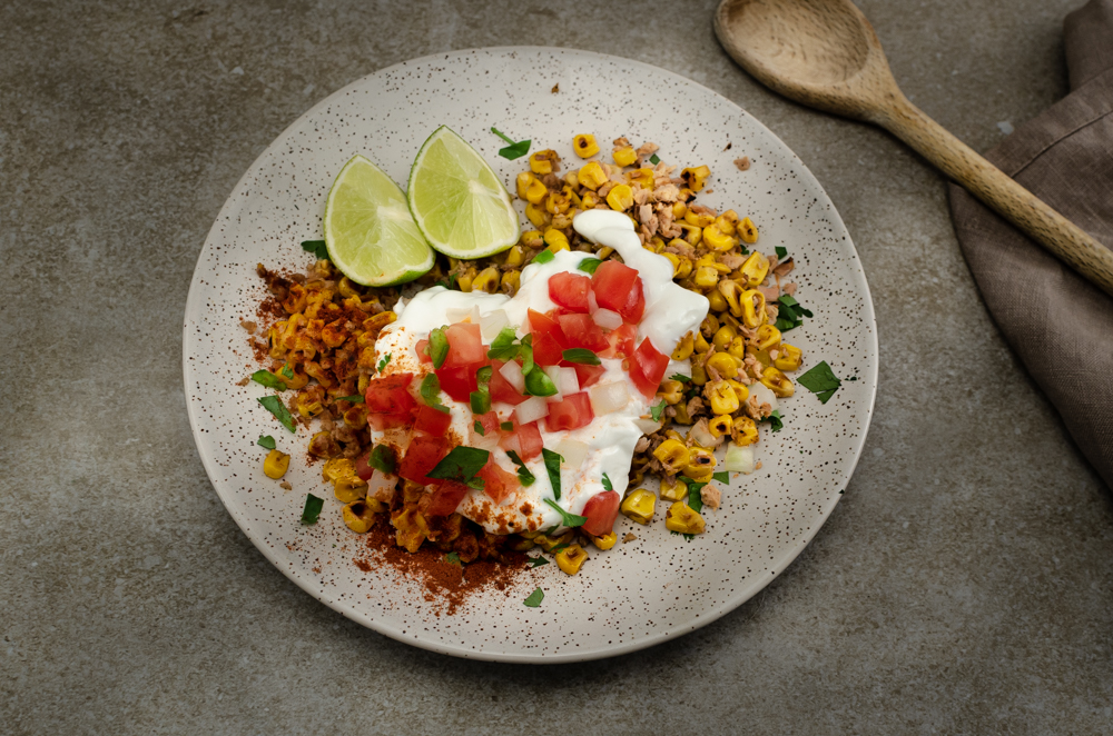 Mexican 'toastado' or roasted style corn - with tuna of course!